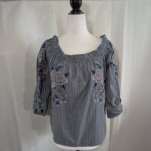 American Eagle Floral Embroidered Striped Off The Shoulder Blouse Small Boho